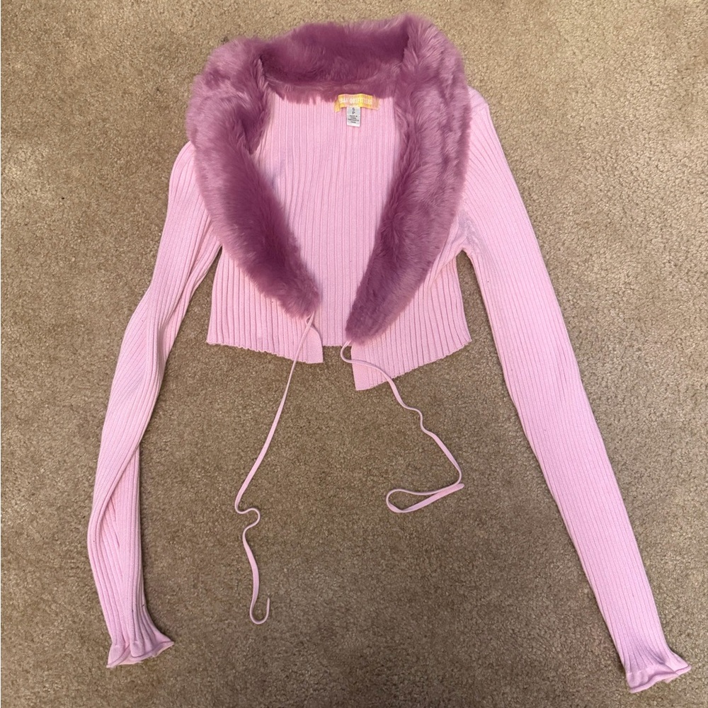 Urban Outfitters Pink Ribbed Cardigan with Fuzzy Collar